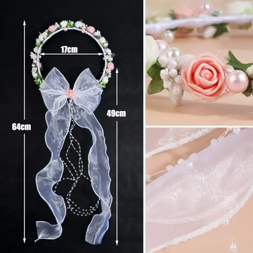 BETESSIN Fascia per Capelli Comunione Bambina Cerchietto Copricapo Fiori con Nastro per Bambina Ragazza Prima Comunione miniatura 2
