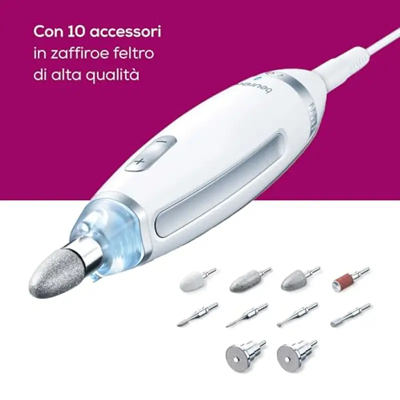Beurer MP 62 Fresa Professionale per Manicure e Pedicure, 5400 giri/min, 10 Accessori in Feltro e Zaffiro, Luce LED Integrata, Velocità Regolabile, Custodia Inclusa, Bianco miniatura 3