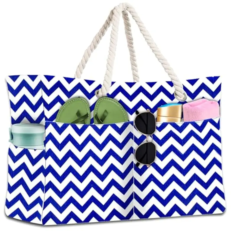 BGIUSQF Borsa Mare Donna, Borsa Mare Grande Famiglia, Multifunzionale Borsa Spiaggia Donna, Beach Bag Borsa da Spiaggia Estiva per Piscina Gite in Spiaggia Picnic Viaggi, Strisce Ondulate Blu