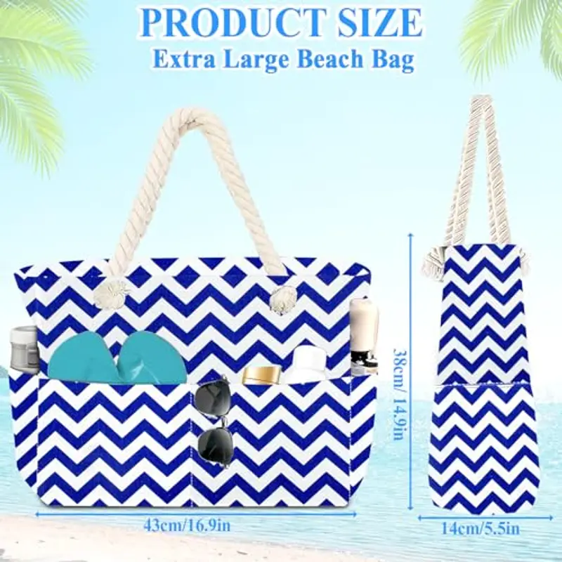 BGIUSQF Borsa Mare Donna, Borsa Mare Grande Famiglia, Multifunzionale Borsa Spiaggia Donna, Beach Bag Borsa da Spiaggia Estiva per Piscina Gite in Spiaggia Picnic Viaggi, Strisce Ondulate Blu miniatura 2