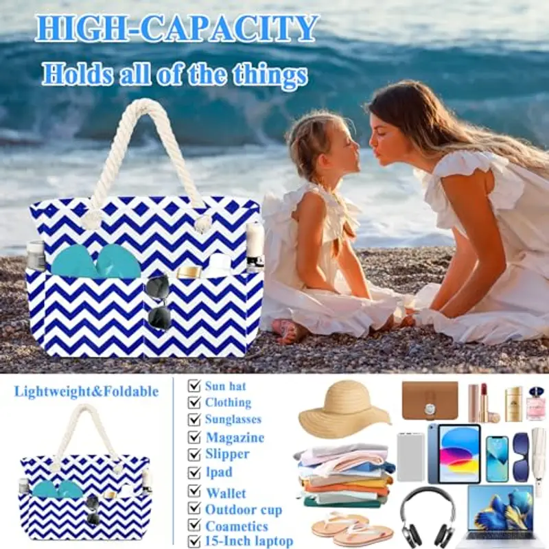 BGIUSQF Borsa Mare Donna, Borsa Mare Grande Famiglia, Multifunzionale Borsa Spiaggia Donna, Beach Bag Borsa da Spiaggia Estiva per Piscina Gite in Spiaggia Picnic Viaggi, Strisce Ondulate Blu miniatura 3