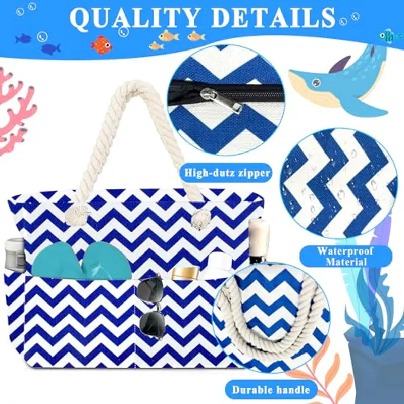BGIUSQF Borsa Mare Donna, Borsa Mare Grande Famiglia, Multifunzionale Borsa Spiaggia Donna, Beach Bag Borsa da Spiaggia Estiva per Piscina Gite in Spiaggia Picnic Viaggi, Strisce Ondulate Blu miniatura 4