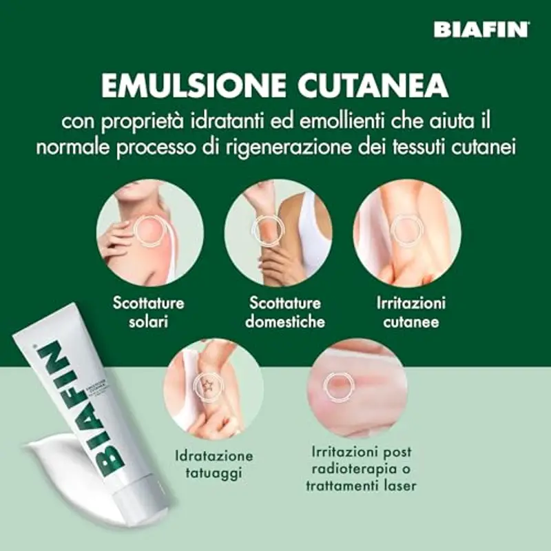 Biafin Emulsione Cutanea Idratante Lenitiva, Crema scottature, irritazioni e sfregamenti, Crema pelle sensibile e irritata, Pomata scottature ideale anche per tatuaggi e problemi cutanei, 100 ml miniatura 2