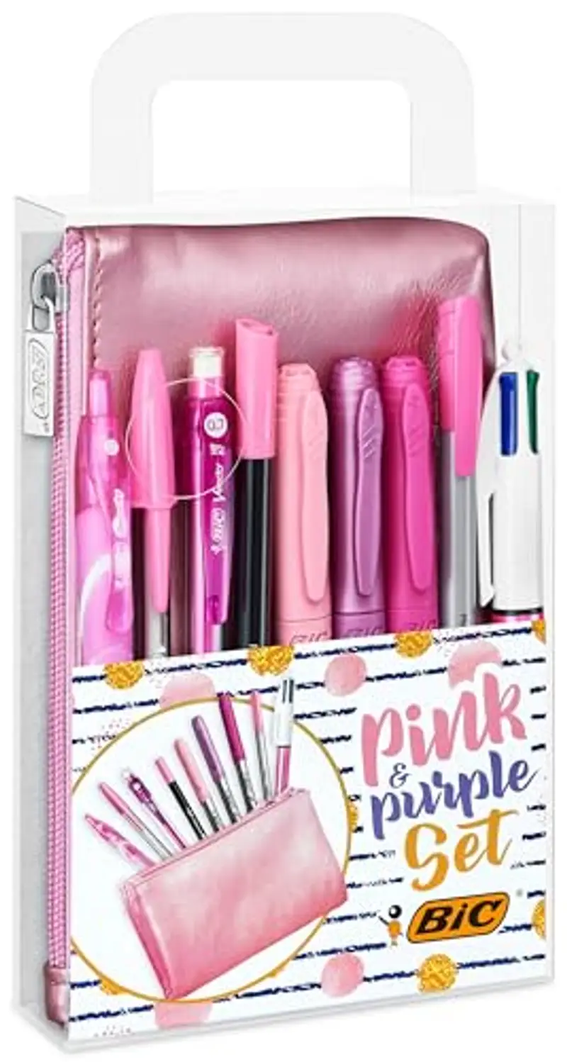 BIC Pink & Purple, Set Con Astuccio, 2 Penne A Sfera, 1 Penna Gel Cancellabile, 1 Pennarello Punta Fine, 1 Matita in Grafite, 1 Fineliner punta media, 3 Pennarelli Indelebili, Kit Scrittura, 10 Unità
