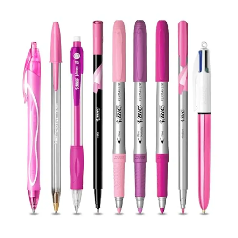 BIC Pink & Purple, Set Con Astuccio, 2 Penne A Sfera, 1 Penna Gel Cancellabile, 1 Pennarello Punta Fine, 1 Matita in Grafite, 1 Fineliner punta media, 3 Pennarelli Indelebili, Kit Scrittura, 10 Unità miniatura 2