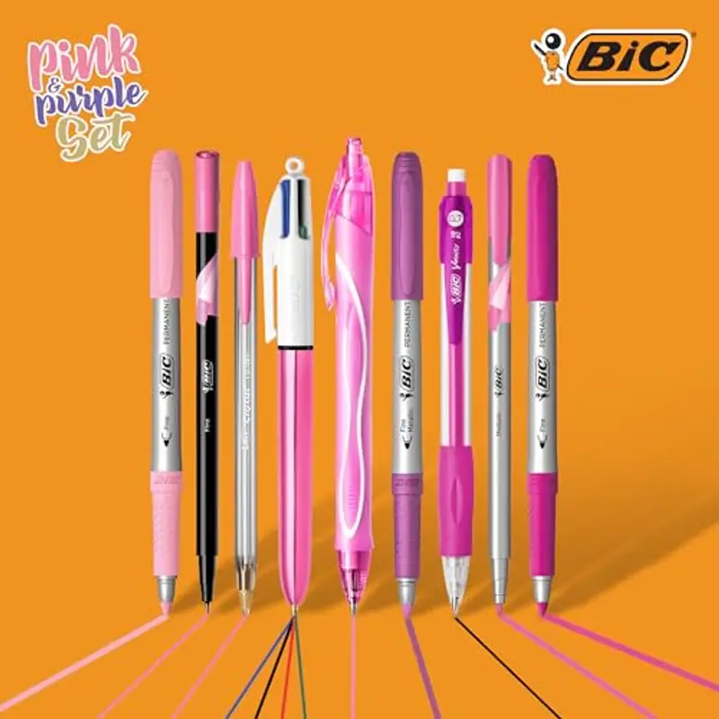 BIC Pink & Purple, Set Con Astuccio, 2 Penne A Sfera, 1 Penna Gel Cancellabile, 1 Pennarello Punta Fine, 1 Matita in Grafite, 1 Fineliner punta media, 3 Pennarelli Indelebili, Kit Scrittura, 10 Unità miniatura 3