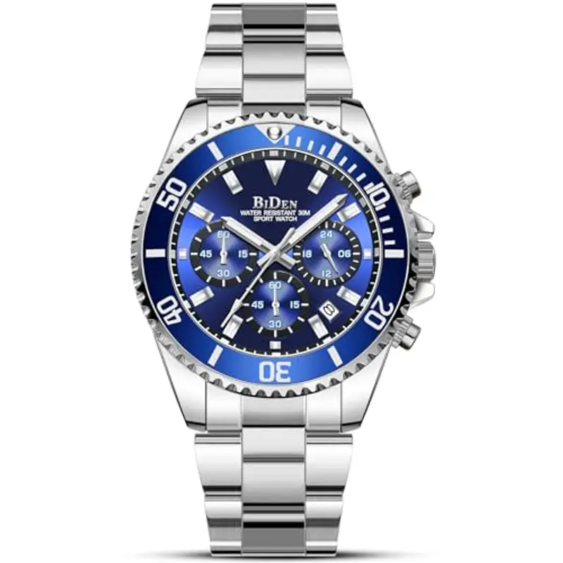 BIDEN Orologio Uomo Orologio Acciaio Cronografo Impermeabile Luminosi Design Orologi Quadrante da Polso Elegante