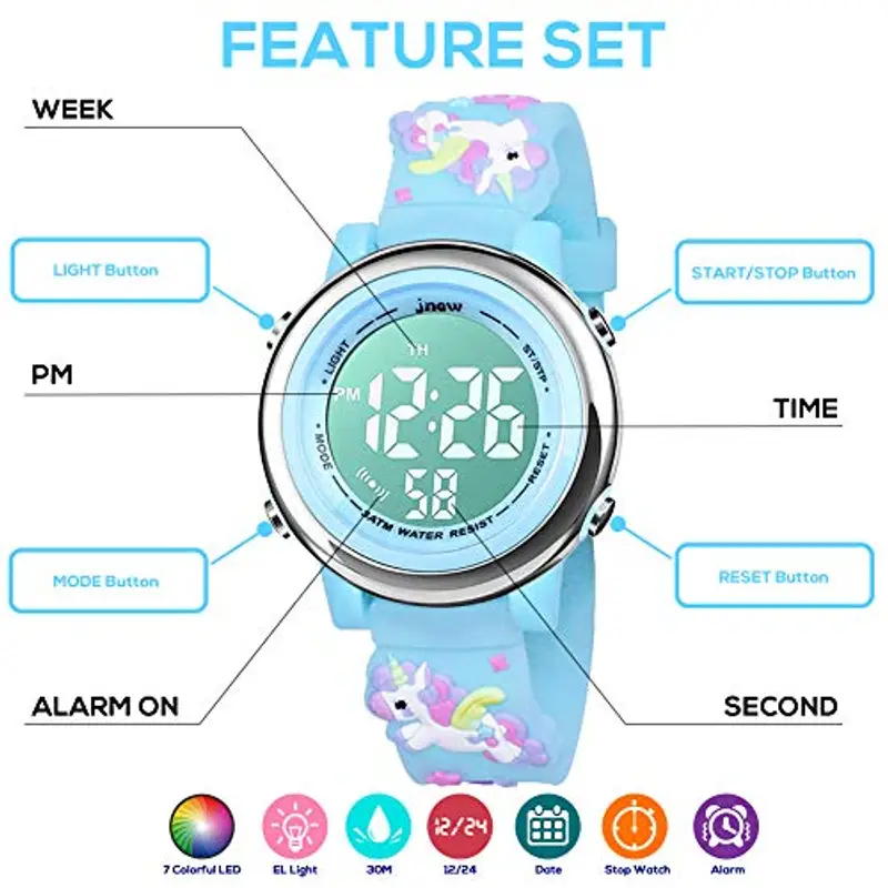 Bigmeda Orologio Digitale per Bambini, Orologio Sportivo a Cartoni 3D per Ragazze da 3-12 Anni, Visualizzazione della Data e Dell'ora, Retroilluminazione a 7 Colori (BluUnicorno) miniatura 3