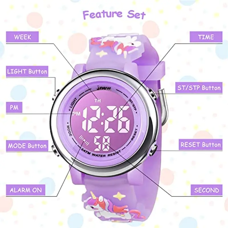 Bigmeda Orologio Digitale per Bambini, Orologio Sportivo a Cartoni 3D per Ragazze da 3-12 Anni, Visualizzazione della Data e Dell'ora, Retroilluminazione a 7 Colori (unicorno viola chiaro) miniatura 3