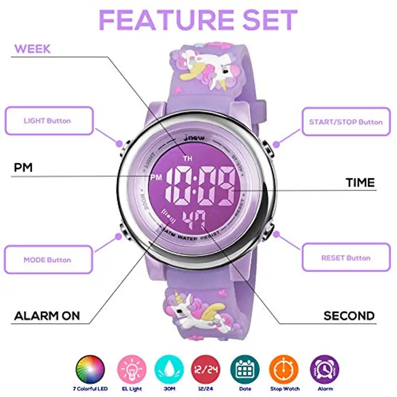 Bigmeda Orologio Digitale per Bambini, Orologio Sportivo a Cartoni 3D per Ragazze da 3-12 Anni, Visualizzazione della Data e Dell'ora, Retroilluminazione a 7 Colori (ViolaUnicorno) miniatura 3