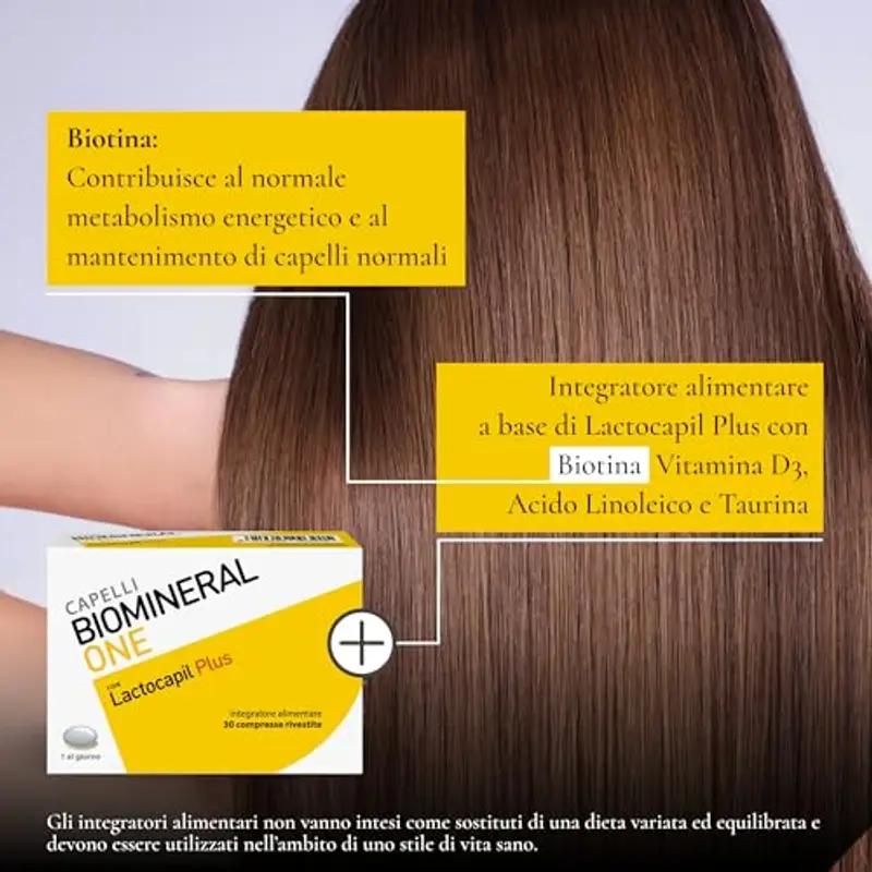 Biomineral One Capelli Più Forti, Valuminosi e Spessi, 30 Compresse, Integratore per Capelli a Base di Lactocapil Plus con Biotina, Vitamina D, Acido Linoleico e Taurina miniatura 3