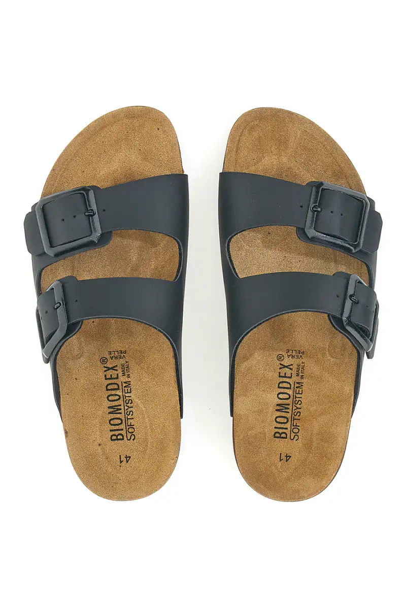 Ciabatte nere con doppia fibbia e sottopiede in pelle Biomodex 39900 [NERO] miniatura 3