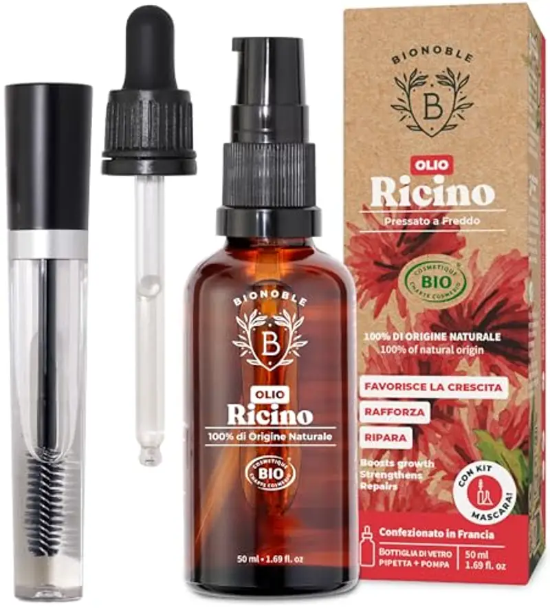 Bionoble Olio di Ricino Biologico 50ml - 100% Puro, Naturale e Pressato a Freddo - Ciglia, Sopracciglia, Capelli,