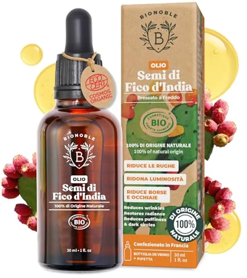 Bionoble Olio di Semi di Fico d’India Bio 15ml - Olio di Fico d’India 100% Puro, Naturale, Pressato a Freddo - Viso, Corpo, Capelli - Vegan e Cruelty Free - Bottiglia di Vetro + Pipetta + Pompa
