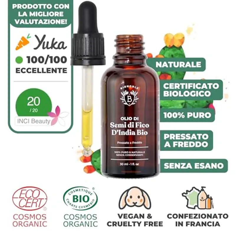 Bionoble Olio di Semi di Fico d’India Bio 15ml - Olio di Fico d’India 100% Puro, Naturale, Pressato a Freddo - Viso, Corpo, Capelli - Vegan e Cruelty Free - Bottiglia di Vetro + Pipetta + Pompa miniatura 2