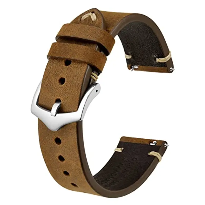 BISONSTRAP Cinturini per Orologi da Uomo, Cinturini in Pelle Cuciti a Mano, Sgancio Rapido, 18mm, Marrone Sella con