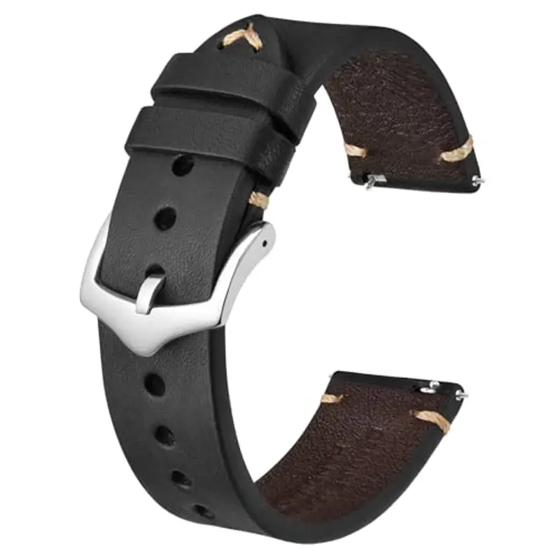 BISONSTRAP Cinturini per Orologi da Uomo, Cinturini in Pelle Cuciti a Mano, Sgancio Rapido, 18mm, Nero con Fibbia