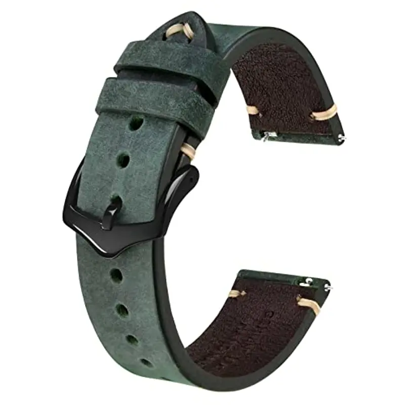 BISONSTRAP Cinturini per Orologi da Uomo, Cinturini in Pelle Cuciti a Mano, Sgancio Rapido, 18mm, Verde con Fibbia Nera