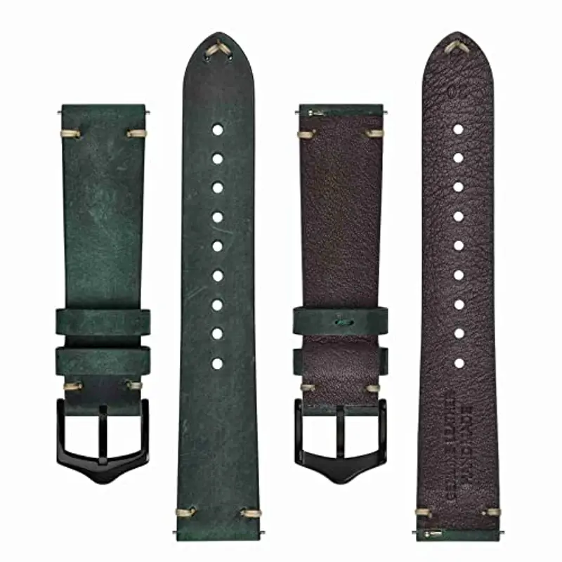 BISONSTRAP Cinturini per Orologi da Uomo, Cinturini in Pelle Cuciti a Mano, Sgancio Rapido, 18mm, Verde con Fibbia Nera miniatura 3