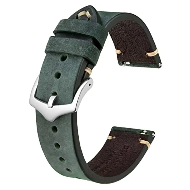 BISONSTRAP Cinturini per Orologi da Uomo, Cinturini in Pelle Cuciti a Mano, Sgancio Rapido, 22mm, Verde con Fibbia