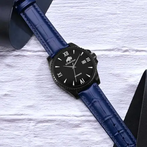 BISONSTRAP Cinturino per Orologi 20mm, Cinturini in Pelle Goffrata Alligatore, Blu con Fibbia Nera miniatura 2