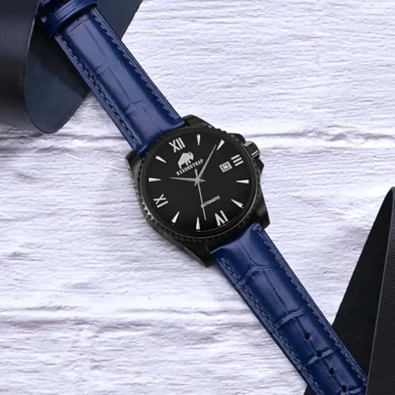 BISONSTRAP Cinturino per Orologi 22mm, Cinturini in Pelle Goffrata Alligatore, Blu con Fibbia Nera miniatura 2