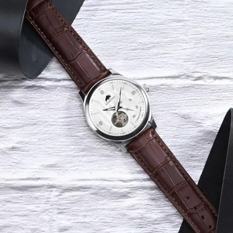 BISONSTRAP Cinturino per Orologi 24mm, Cinturini in Pelle Goffrata Alligatore, Marrone Caffè con Fibbia Nera miniatura 2