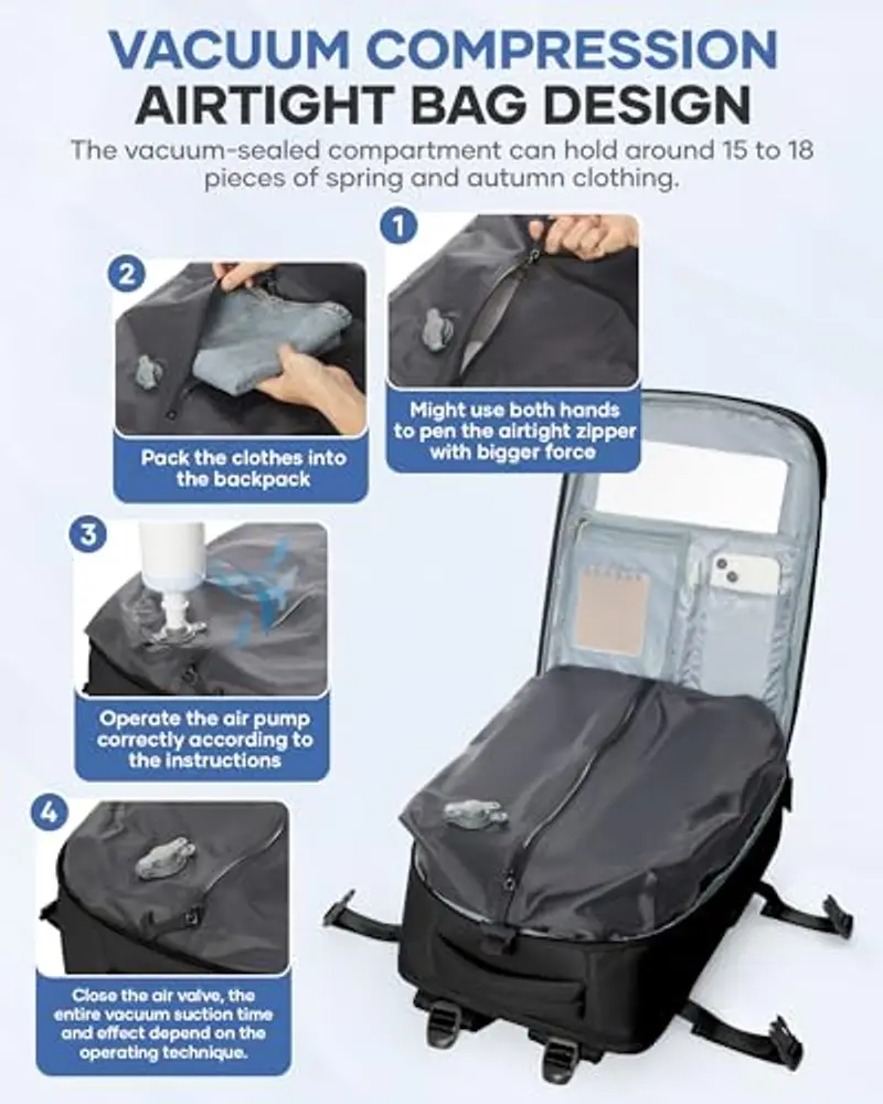 BJLFS Zaino sottovuoto da viaggio Borse da Cabina per Ryanair Bagaglio a Mano, Zaino con compressione sottovuoto, Zaini Casual con Sacchetti sottovuoto con pompa a mano nero miniatura 3