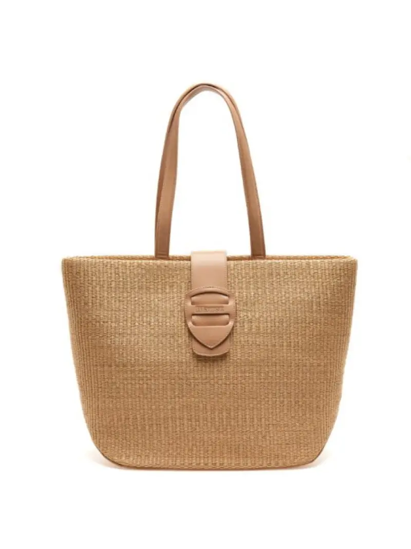 borsa beige donna rafia a spalla logo in pelle sul davanti