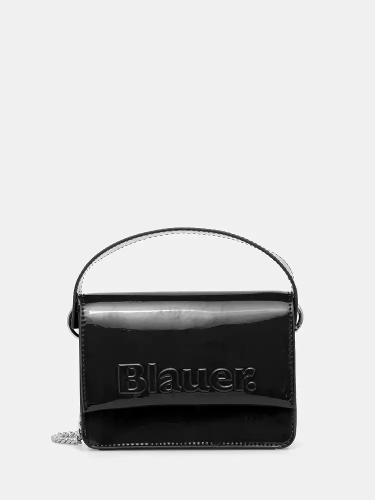 borsa nera donna a mano con tracolla in ecopelle lucida logo sul davanti