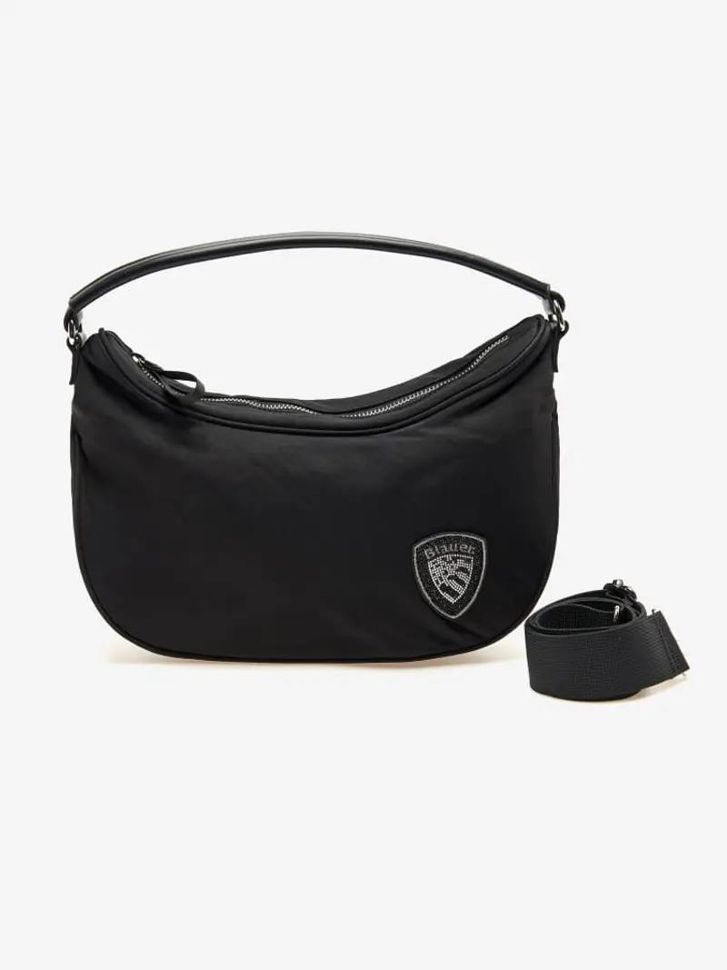 Blauer borsa nera donna a mano con tracolla in tessuto logo scudetto con strass