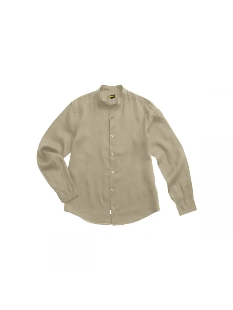 Blauer camicia beige uomo in lino collo coreana patch logo sul braccio