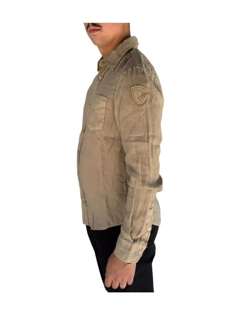Blauer camicia beige uomo in lino patch logo sul braccio miniatura 2