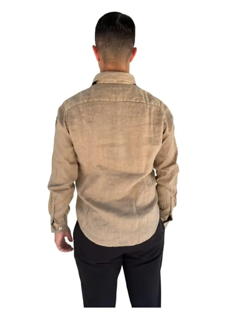 Blauer camicia beige uomo in lino patch logo sul braccio miniatura 3