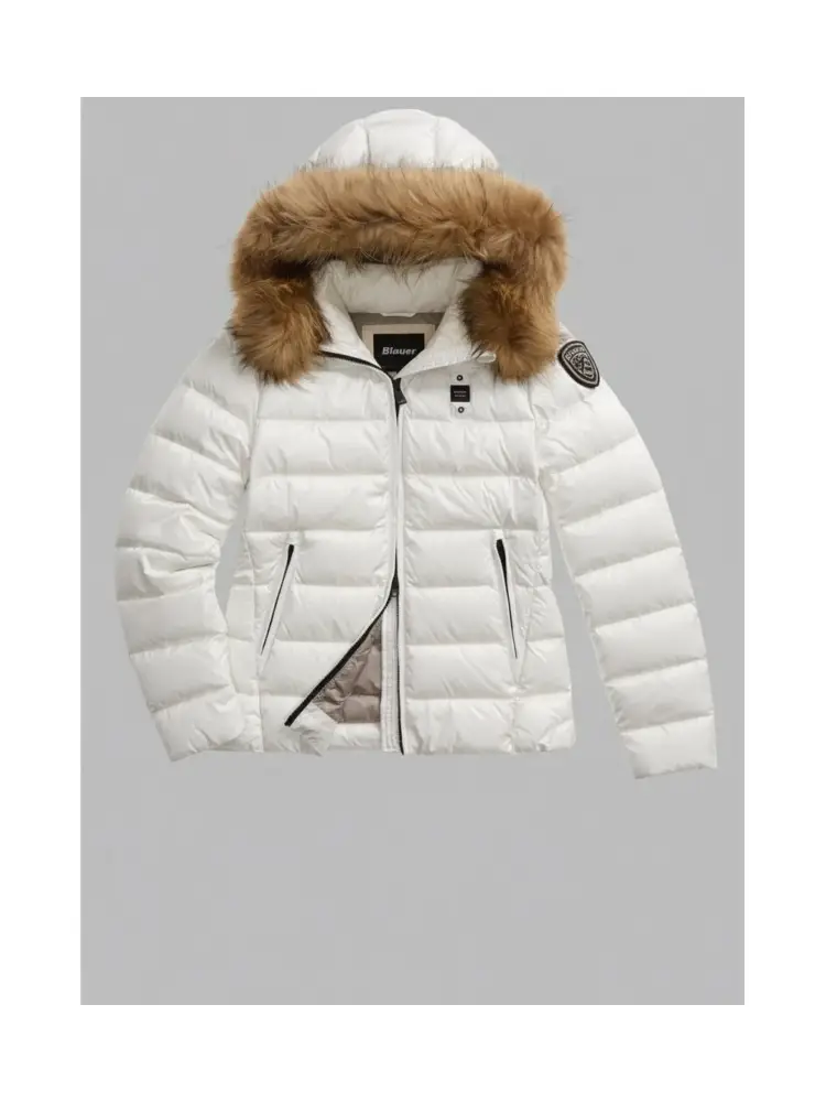 giubbotto bianco donna imbottito con pelliccia patch logo con strass miniatura 2