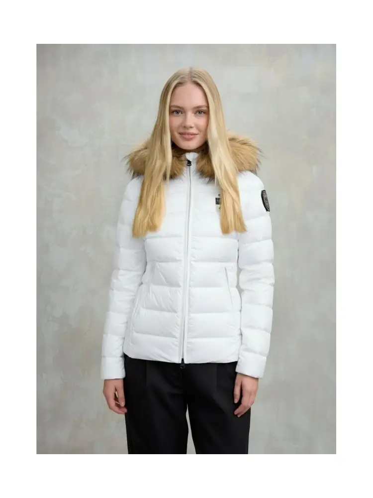 giubbotto bianco donna imbottito con pelliccia patch logo con strass