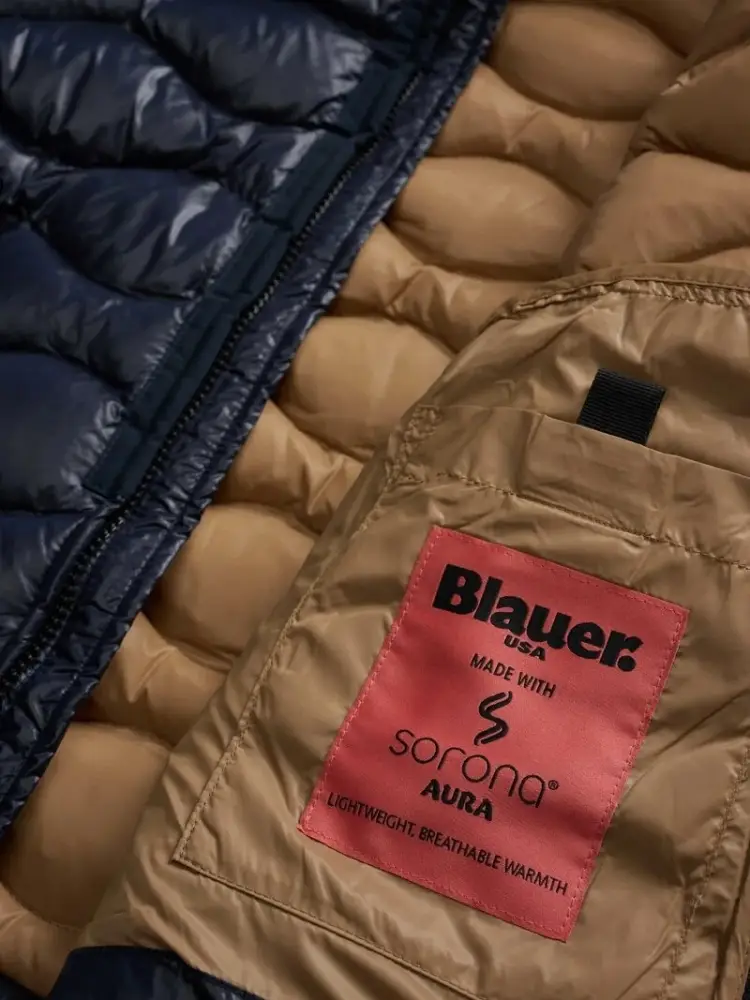 giubbotto blu navy bambino con cappuccio logo sul braccio miniatura 2