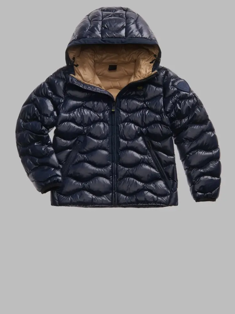 giubbotto blu navy bambino con cappuccio logo sul braccio