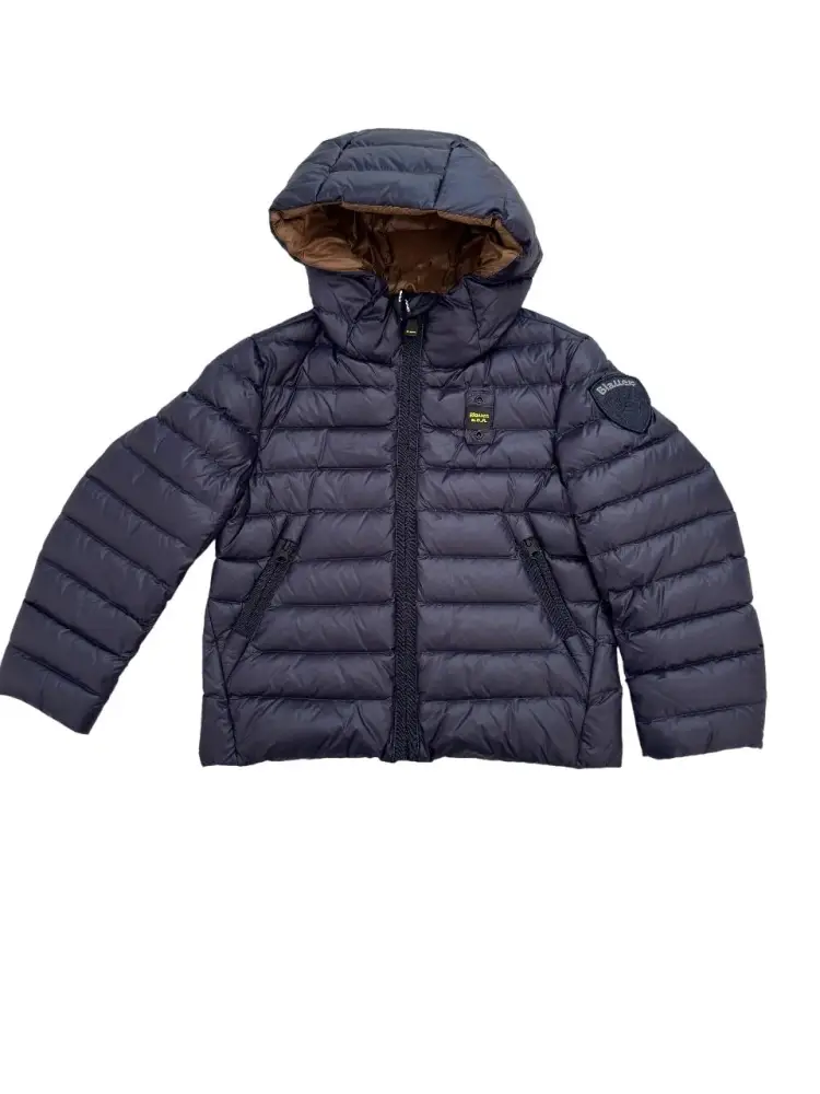 giubbotto blu navy bambino con cappuccio logo sul braccio