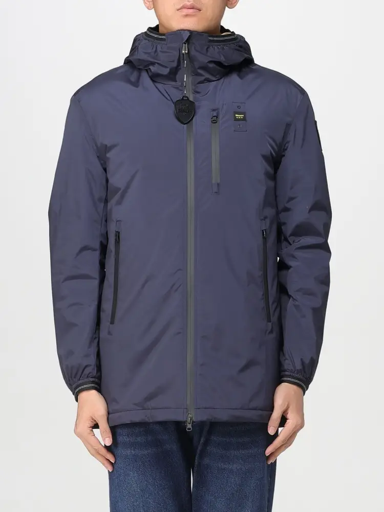 giubbotto blu navy uomo liscio con cappuccio patch logo sul braccio