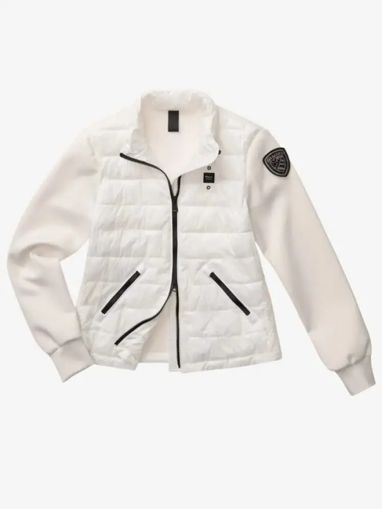 giubbotto donna haskel bianco con maniche scuba e patch logata con strass