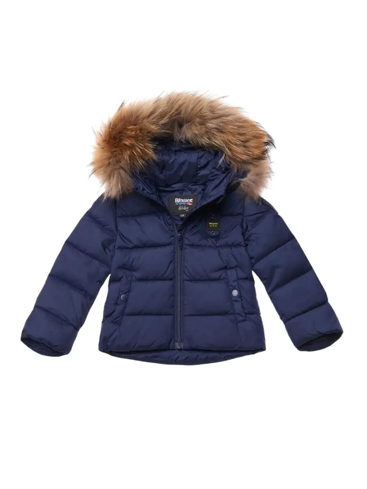 giubbotto infant trapuntato amory con cappuccio con bordo in pelliccia blu chiaro