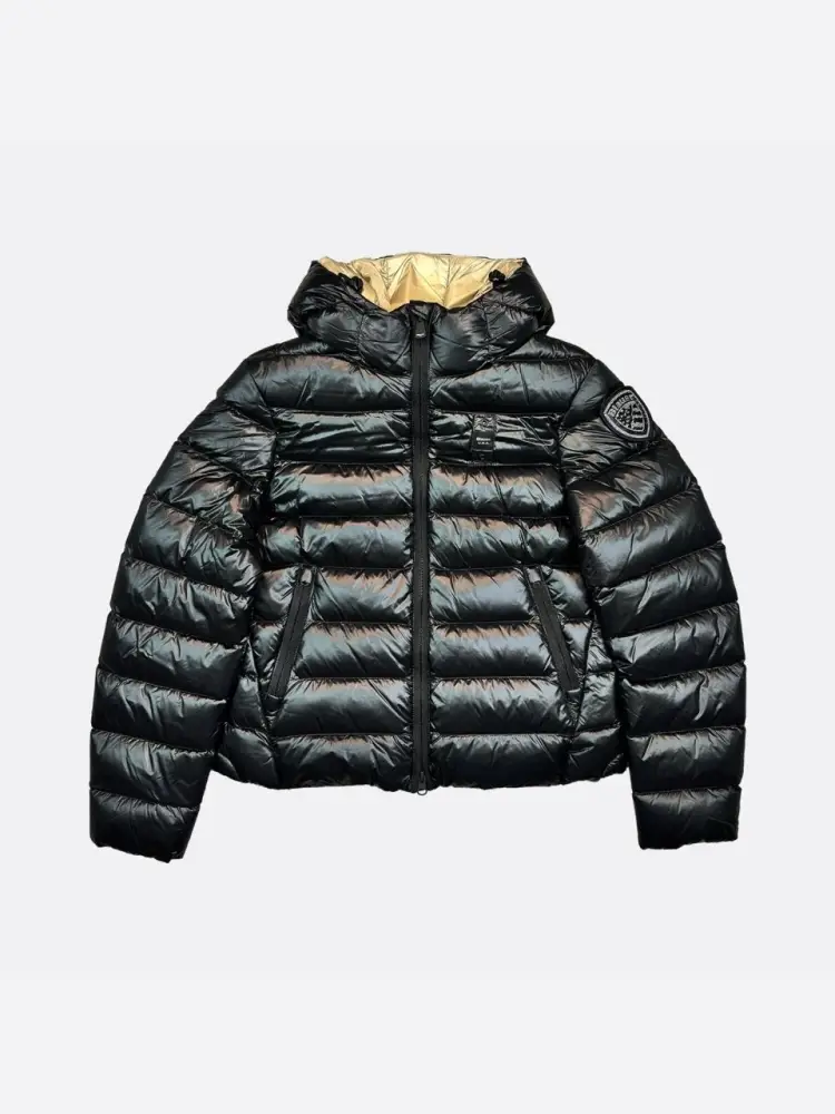 giubbotto nero bambina con cappuccio patch logo con strass