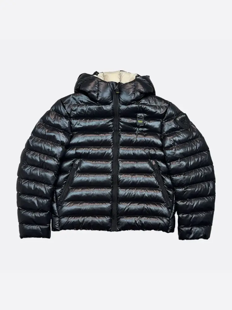 giubbotto nero bambino con cappuccio lucido logo sul braccio