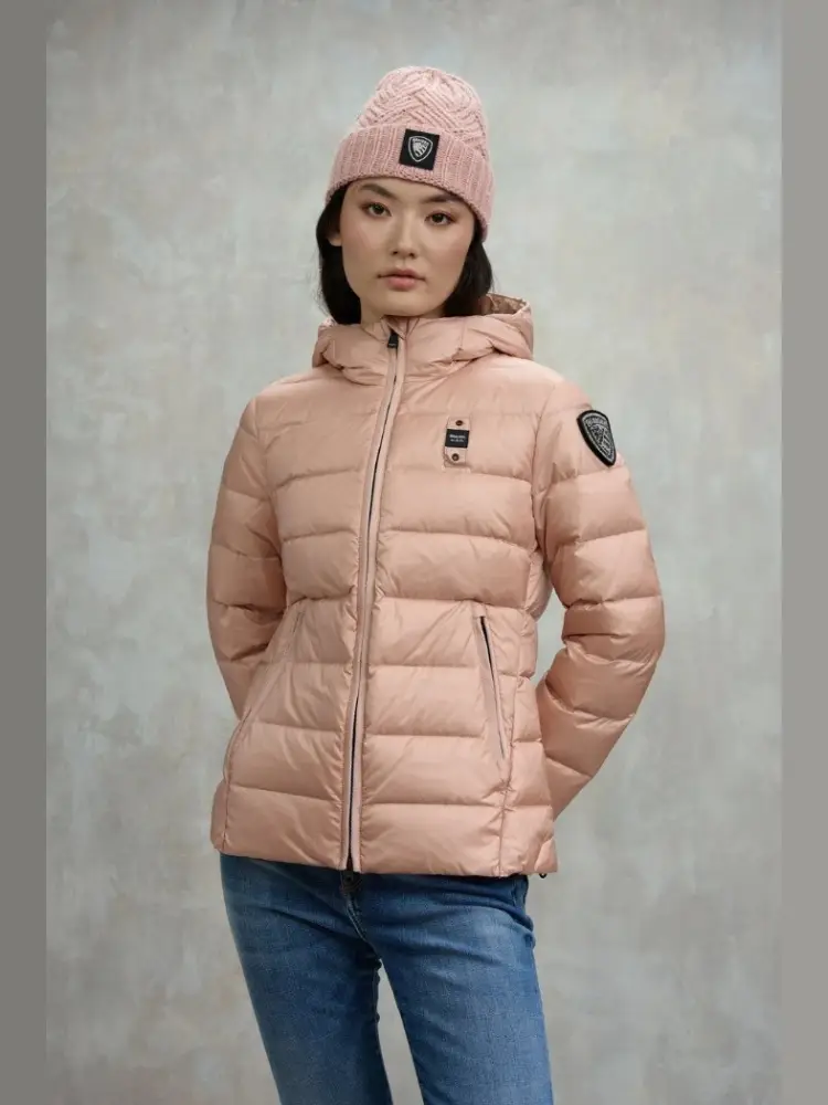 giubbotto rosa donna con cappuccio patch logo con strass sul braccio