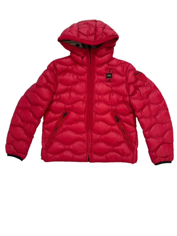 giubbotto rosso bambino con cappuccio logo sul braccio