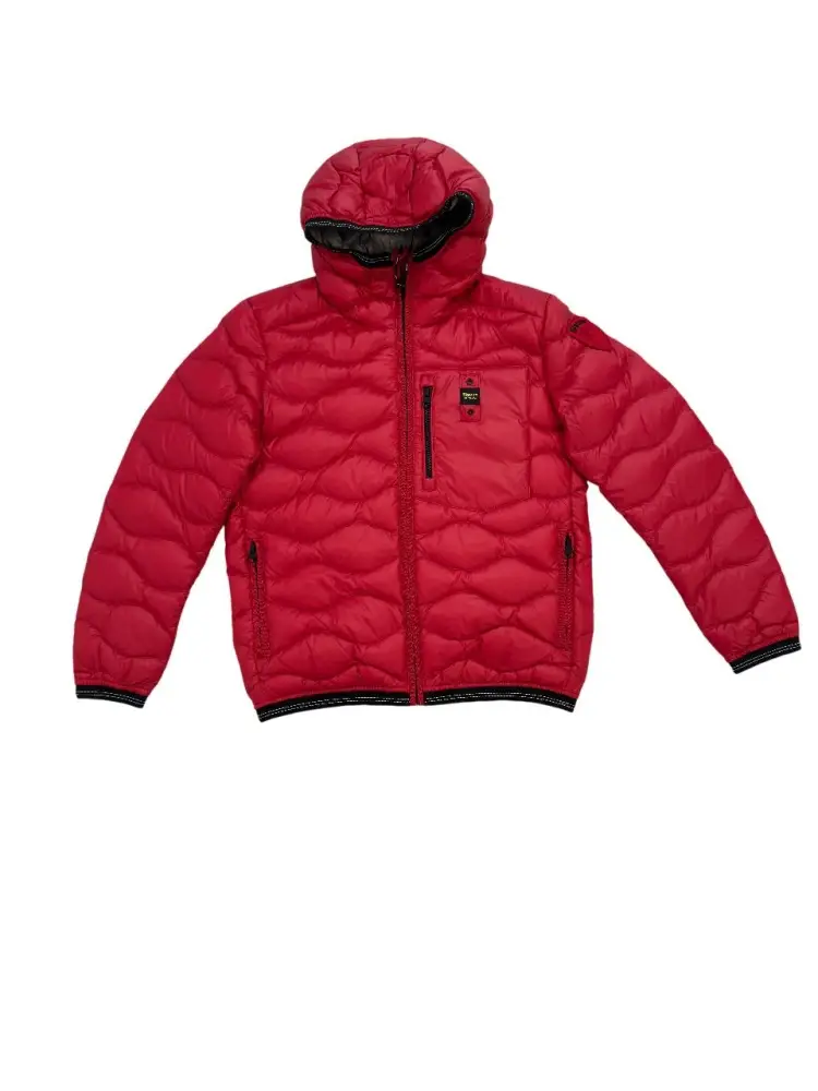 giubbotto rosso bambino con cappuccio logo sul braccio