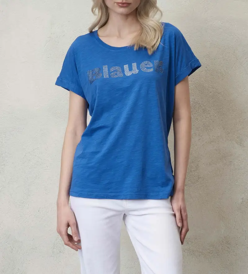 per donna 24SBLDH02336 Maglietta blu glitterata (L), Casual, Cotone, Manica corta