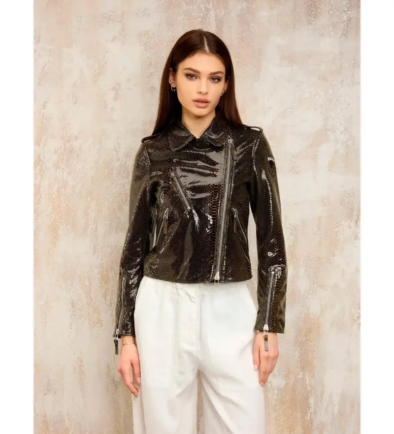 per donna 25SBLDL02396 Giacca in pelle nera vintage Cherry (M), Nero, Casual