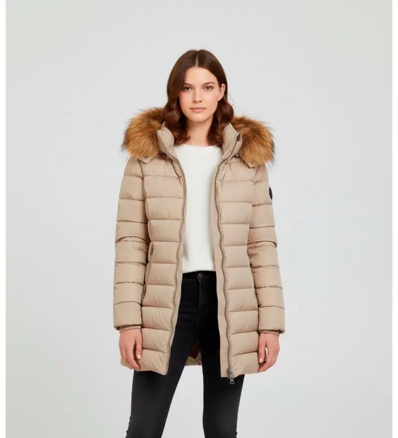 per donna 25WBLDK03103 Piumino lungo beige Kristin con finiture in pelliccia (L), Casual, Poliamide